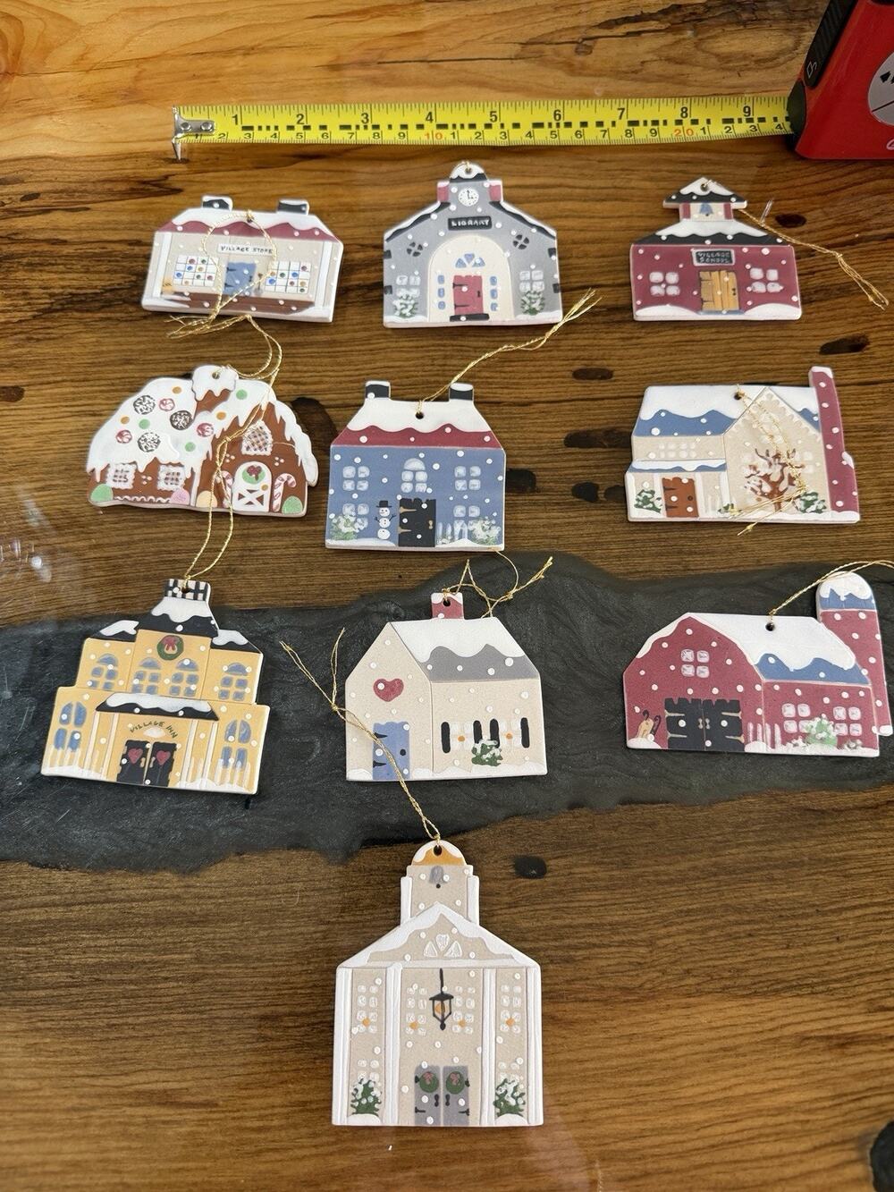 Tewksbury MA Set of 10 Christmas Village Ornaments 1990s Hand Painted